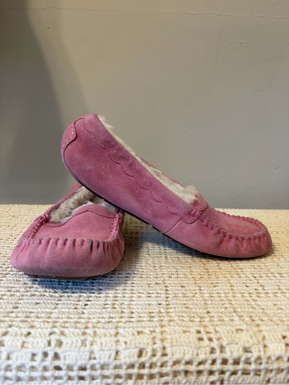 Ugg Pink Suede Shearling Lined Slippers